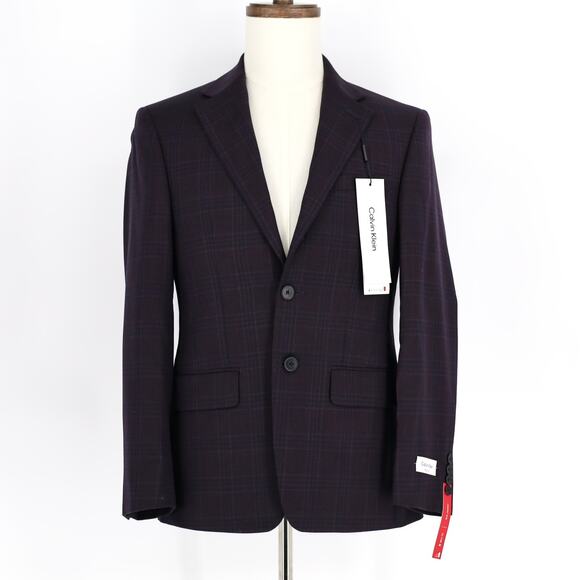 Calvin Klein Men's Navy/Burgundy Plaid Wool Morgan Slim-Fit Suit Blazer Size 36S - Picture 1 of 6